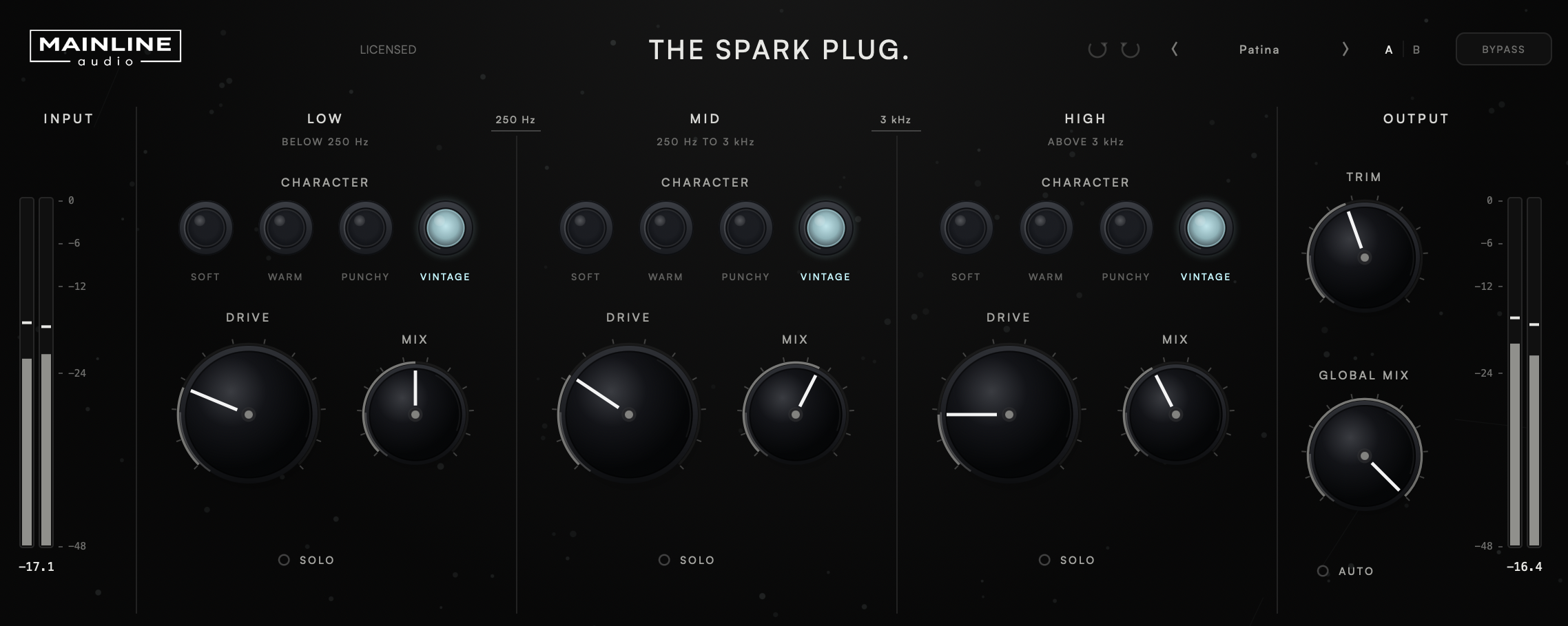 The Spark Plug three-band harmonic saturation plugin interface